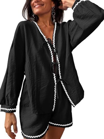 Tankaneo Womens Tie Front Top Shorts Set 2 Piece Lounge Set Linen Long Sleeve Shirts Travel Vacation Outfits in Kuwait