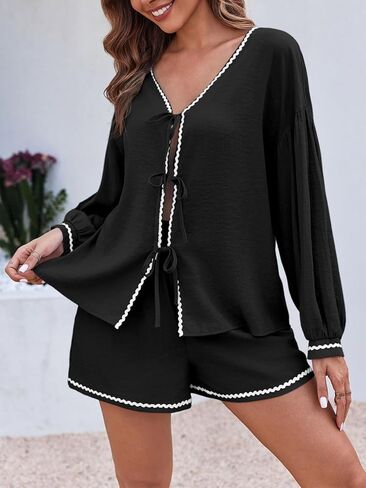 Tankaneo Womens Tie Front Top Shorts Set 2 Piece Lounge Set Linen Long Sleeve Shirts Travel Vacation Outfits in Kuwait