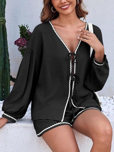 Tankaneo Womens Tie Front Top Shorts Set 2 Piece Lounge Set Linen Long Sleeve Shirts Travel Vacation Outfits in Kuwait