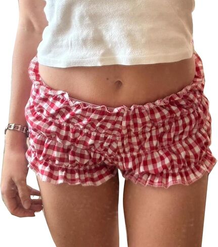 Womens Frilly Ruffle Micro Lolita Bloomers Shorts Y2k Low Rise Gingham Plaid Coquette Boxer Shorts Streetwear in Saudi Arabia
