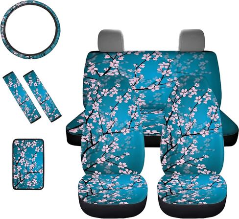 Decorative Cherry Blossom Car Seat Covers Full Set,Front and Rear Bench Seat Covers,Steering Wheel Cover,Seatbelt Pads,Armrest Cover,Universal Auto Accessories Fit for Most Cars in Kuwait