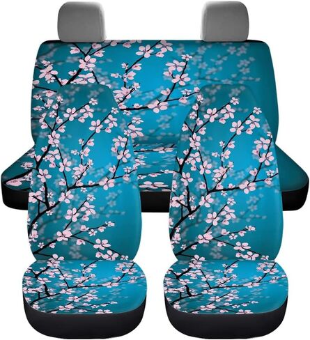 Decorative Cherry Blossom Car Seat Covers Full Set,Front and Rear Bench Seat Covers,Steering Wheel Cover,Seatbelt Pads,Armrest Cover,Universal Auto Accessories Fit for Most Cars in Kuwait