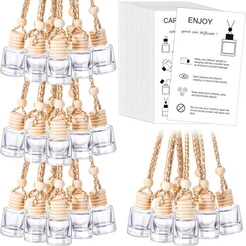 100 Sets Hanging Car Air Freshener Diffuser Bottles Bulk Empty Glass Perfume Bottles with Car Diffuser Instructions Business Cards for Empty Car Essential Oil Diffuser Bottles(Round) in Saudi Arabia