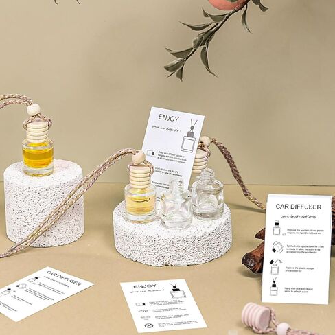 100 Sets Hanging Car Air Freshener Diffuser Bottles Bulk Empty Glass Perfume Bottles with Car Diffuser Instructions Business Cards for Empty Car Essential Oil Diffuser Bottles(Round) in Saudi Arabia