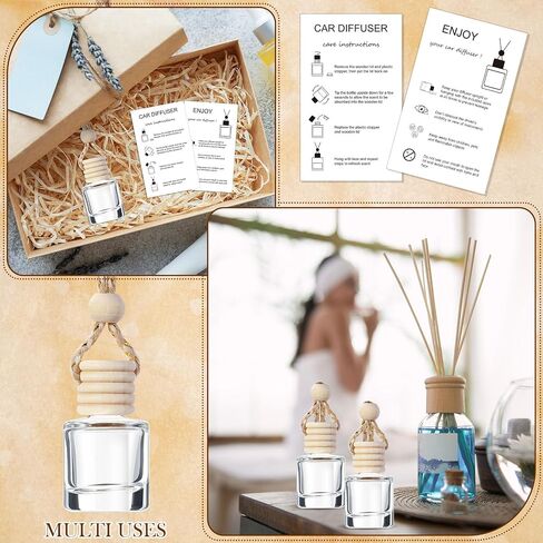 100 Sets Hanging Car Air Freshener Diffuser Bottles Bulk Empty Glass Perfume Bottles with Car Diffuser Instructions Business Cards for Empty Car Essential Oil Diffuser Bottles(Round) in Saudi Arabia
