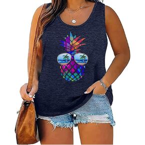 Women's Plus Size Summer Pineapple Sunglasses Tank Tops Hawaiian Graphic Printed Tees Sleeveless Vacation T Shirt Blouse Top in Kuwait