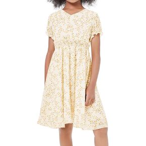 فستان LIONJIE للفتيات بأكمام قصيرة وأزرار لأعلى وطبعة ورود متوسط ​​الطول بخصر عالٍ ورقبة على شكل V فستان بوهو للشمس 3-12 سنة in Kuwait