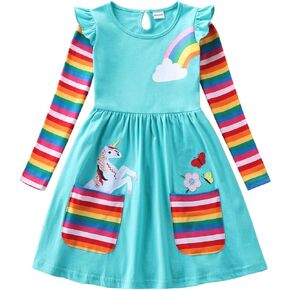 Cotton Toddler Girls Dress Flower Rainbow Outfits Short Sleeve Unicorn Dresses 2-7 Years