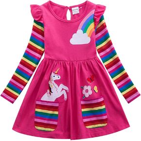 Cotton Toddler Girls Dress Flower Rainbow Outfits Short Sleeve Unicorn Dresses 2-7 Years in Saudi Arabia
