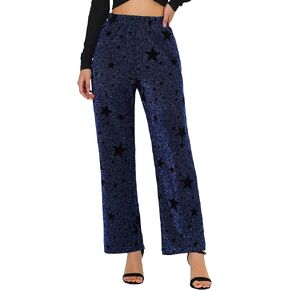 Allegra K Women's Christmas Sparkle High Waist Stretch Party Wide Leg Shiny Star Print Pants
