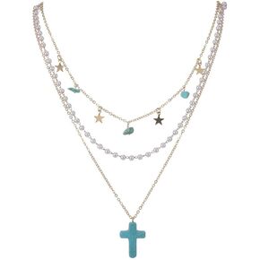 Layered Cross Necklace Multilayer Turquoise Cross Pearl Beaded Beads Necklace Choker Y2k Star Tassel Necklace for Women Girls Jewelry