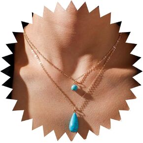 Boho Layered Turquoise Choker Necklace Gold Teardrop Turquoise Necklace Choker Blue Turquoise Pendant Necklace Vintage Waterdrop Turquoise Necklace Jewelry for Women and Girls