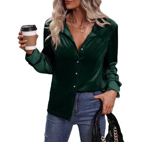 MakeMeChic Women's Velvet Button Down Blouse Long Sleeve Button Up Shirt