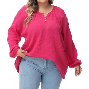 MCEDAR Women's Casual Split V Neck Blouse Long Sleeve Plus Size Cotton Blouse Oversized Split-Neck Blouse Top(S-4X)