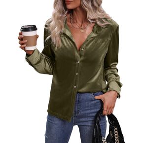 MakeMeChic Women's Velvet Button Down Blouse Long Sleeve Button Up Shirt