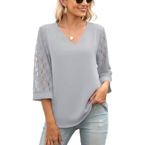 QUEZHU Women's Elegant V Neck 3/4 Sleeve Chiffon Blouses Tops Business Casual Work Office Shirts