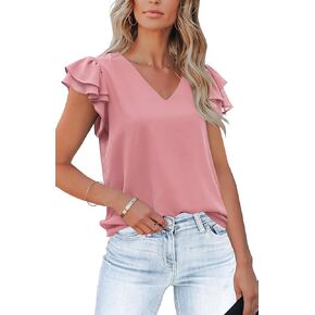 Aifer Womens V Neck Flowy Ruffle Short Sleeve Tops Elegant Business Casual Chiffon Blouses Trendy Summer Shirts