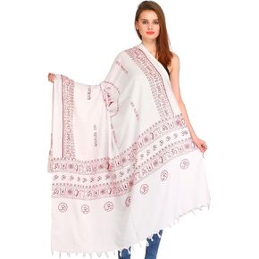 Exotic India Jai Maha Kali Prayer Shawl – Warm & Stylish PolyCotton Religious Cloth for Women - 7.0 ft x 3.6 ft - White