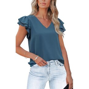 Aifer Womens V Neck Flowy Ruffle Short Sleeve Tops Elegant Business Casual Chiffon Blouses Trendy Summer Shirts