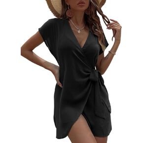 MakeMeChic Women's Chiffon Beach Kimono Swimwear Dress V Neck Short Sleeve Swimsuit Cover Up