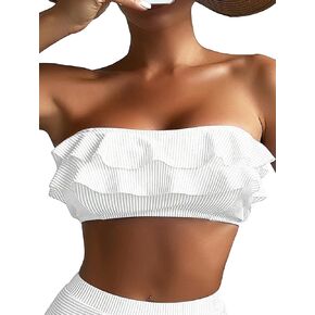 WDIRARA Women's Tiered Layer Ruffle Bandeau Swimwear Top Solid Textured Bikini Tops Bathing Suit