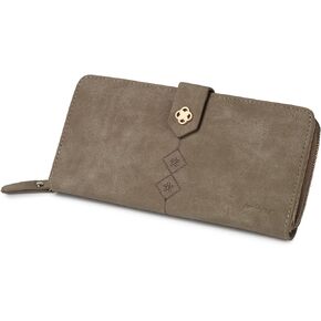 CornerLife Women Vegan Suede Leather Wallet Large Checkbook Clutch Wallet Zipper Around Credit Card Holder Wallets for Women with Snap Closure (Reddish Brown)