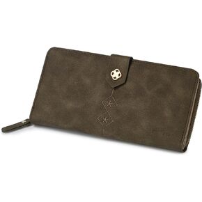 CornerLife Women Vegan Suede Leather Wallet Large Checkbook Clutch Wallet Zipper Around Credit Card Holder Wallets for Women with Snap Closure (Reddish Brown)