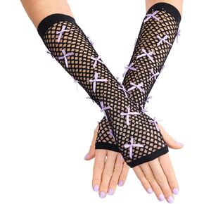 xo, Fetti Black + Purple Rhinestone Fishnet Bow Gloves | Rave Bachelorette, Birthday Girl Accessory, Guts Concert Party Decorations, Festival Supplies, Halloween Costume