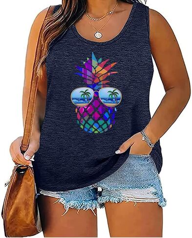 Women's Plus Size Summer Pineapple Sunglasses Tank Tops Hawaiian Graphic Printed Tees Sleeveless Vacation T Shirt Blouse Top in Kuwait