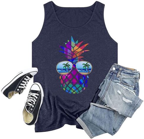 Women's Plus Size Summer Pineapple Sunglasses Tank Tops Hawaiian Graphic Printed Tees Sleeveless Vacation T Shirt Blouse Top in Kuwait