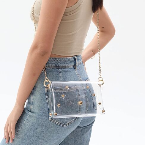 حقيبة كتف شفافة مرصعة ببرشام للنساء بولي كلوريد الفينيل مغلف شفاف مخلب سلسلة حزام حقيبة كروس الجسم ملعب المعتمدة المحفظة in Kuwait