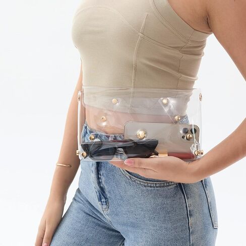 حقيبة كتف شفافة مرصعة ببرشام للنساء بولي كلوريد الفينيل مغلف شفاف مخلب سلسلة حزام حقيبة كروس الجسم ملعب المعتمدة المحفظة in Kuwait