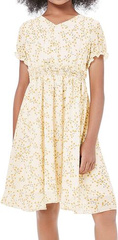 فستان LIONJIE للفتيات بأكمام قصيرة وأزرار لأعلى وطبعة ورود متوسط ​​الطول بخصر عالٍ ورقبة على شكل V فستان بوهو للشمس 3-12 سنة in Kuwait