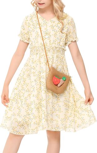 فستان LIONJIE للفتيات بأكمام قصيرة وأزرار لأعلى وطبعة ورود متوسط ​​الطول بخصر عالٍ ورقبة على شكل V فستان بوهو للشمس 3-12 سنة in Kuwait