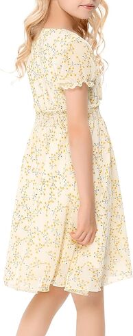 فستان LIONJIE للفتيات بأكمام قصيرة وأزرار لأعلى وطبعة ورود متوسط ​​الطول بخصر عالٍ ورقبة على شكل V فستان بوهو للشمس 3-12 سنة in Kuwait