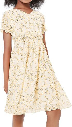 فستان LIONJIE للفتيات بأكمام قصيرة وأزرار لأعلى وطبعة ورود متوسط ​​الطول بخصر عالٍ ورقبة على شكل V فستان بوهو للشمس 3-12 سنة in Kuwait