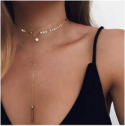 Bohemia Layered Choker Necklace Gold Disc Choker Star Choker Lariat & Y Necklace Bar Pendant Necklace for Women and Girls(Gold) in Saudi Arabia