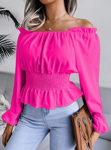 بلوزة نسائية من SOFIA'S Choice بأكمام طويلة مكشكشة مكشوفة الكتف ومكشكشة in Kuwait