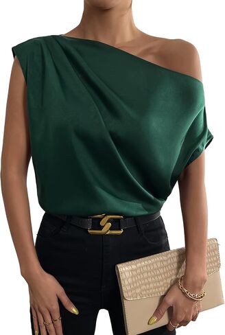 OYOANGLE Women's Satin Off The Shoulder Short Sleeve Asymmetrical Neck Ruched Work Office Blouse Top in Saudi Arabia