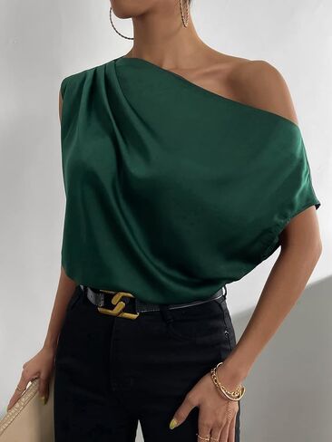 OYOANGLE Women's Satin Off The Shoulder Short Sleeve Asymmetrical Neck Ruched Work Office Blouse Top in Saudi Arabia