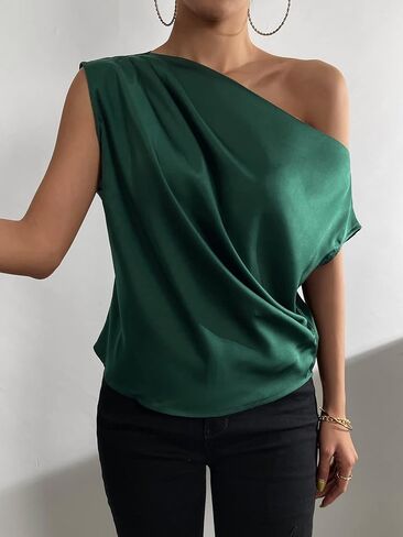 OYOANGLE Women's Satin Off The Shoulder Short Sleeve Asymmetrical Neck Ruched Work Office Blouse Top in Saudi Arabia