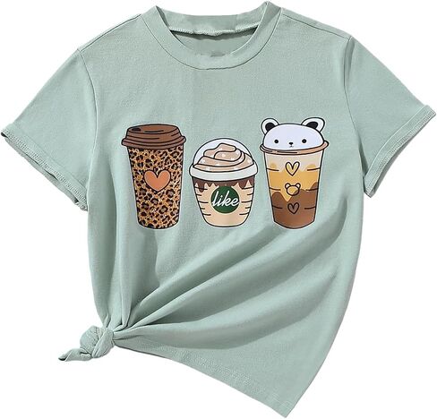 SOLY HUX Girl's T Shirts Short Sleeve Cute Graphic Tees Crewneck Cartoon Cat Print Summer Tops in Saudi Arabia