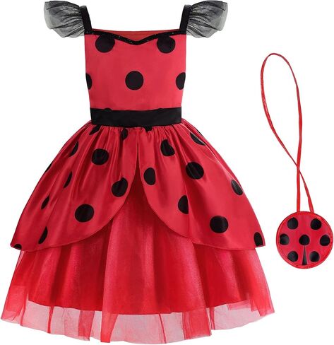 فستان ReliParty Ladybug للفتيات مع قناع وحقيبة زي للأطفال، زي تنكري لأعياد الميلاد والهالوين وعيد الميلاد in Saudi Arabia