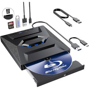 External Blu Ray Drive,Portable Bluray Player Writer Reader,CD Burner with USB 3.0 typc C Port& SD Card,DVD & CD-ROM +/-RW,External Blu-Ray Drives for PC Laptop Desktop Windows Mac Linux Computer
