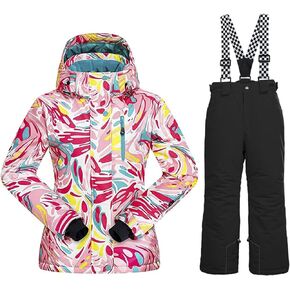 WOWULOVELY Girls Thicken Warm Snowsuit Hooded Ski Jacket Pants 2 Pcs Set Skiing Jacket with Pants
