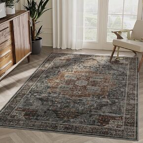 3x5 Area Rug - Washable Kitchen Rugs Non Slip, Small Rugs for Entryway, Stain Resistant Vintage Area Rug for Home Decor, Soft Low Pile Area Rugs (Beige/Brown, 3'x5')