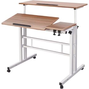 AIZ Adjustable Rolling Desk Cart on Wheels Home Office Computer Workstation, Portable Laptop Tall Table for Standing or Sitting, Oak