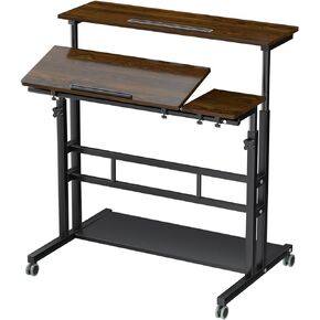 AIZ Adjustable Rolling Desk Cart on Wheels Home Office Computer Workstation, Portable Laptop Tall Table for Standing or Sitting, Oak