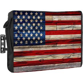 American Flag Outdoor TV Cover 60 to 65 Inches Weatherproof & Waterproof, Red Striped Blue Star Outdoor TV Enclosure with Remote Control Pocket, Vintage Wooden TV Screen Protectors for Outside TV