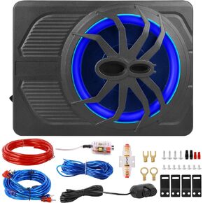 10Inch 800W Under Seat Powered Car Subwoofer,Built-in Car/Truck Audio Amplifier & with Wiring Kit, High & Low Level Input,Slim and with Blue Mood Lights,Remote Subwoofer Control